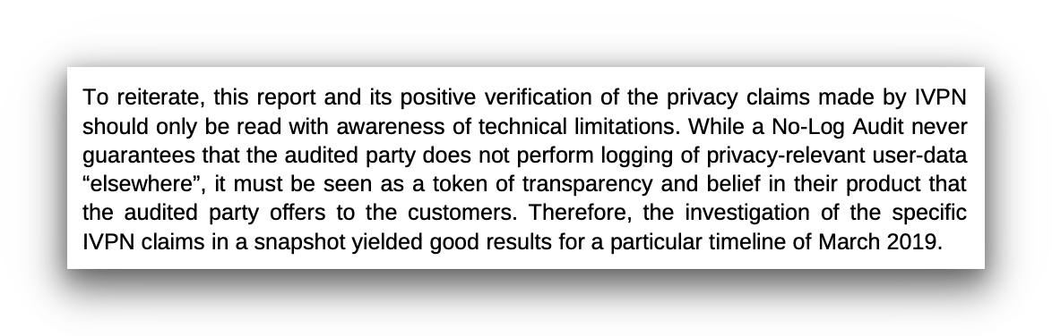 Screenshot from IVPN's 2019 logging policy audit.