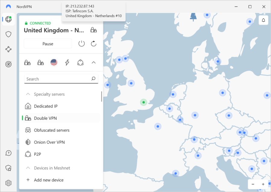 NordVPN's double VPN servers on Windows