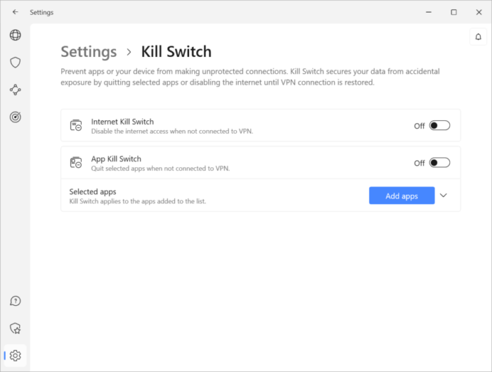 Le impostazioni di Kill Switch di NordVPN sul suo client Windows