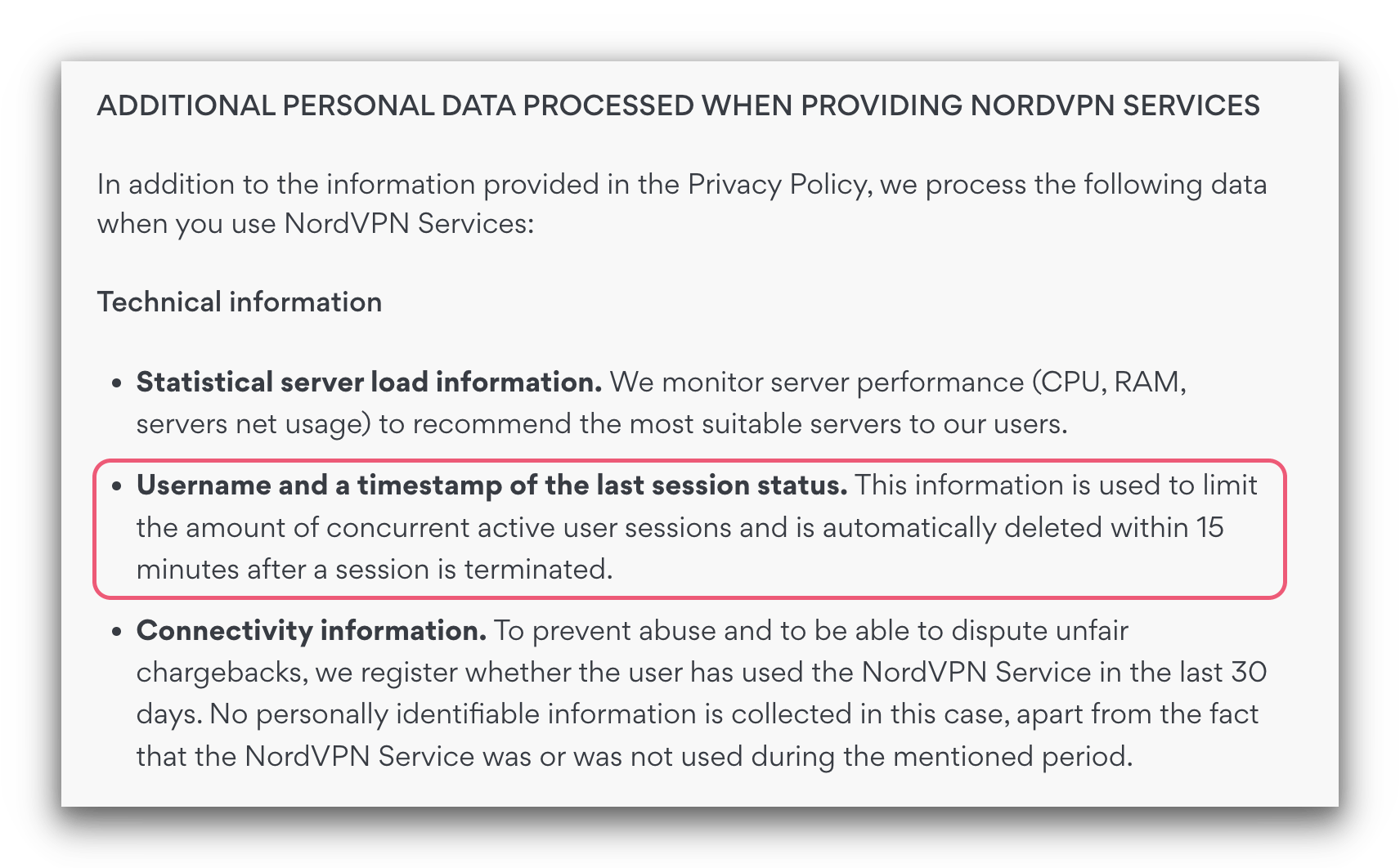 Screenshot of NordVPN's Privacy Policy that states it stores your username and timestamp of when you logged in for 15 mins after a session finishes.