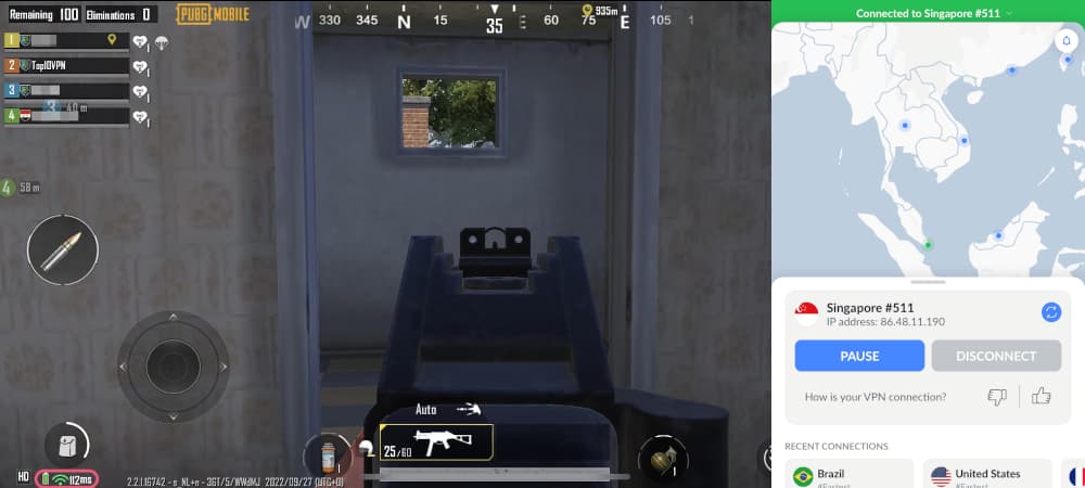Playing PUBG Mobile while connected to a Singapore NordVPN server
