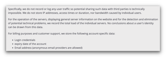 Captura de pantalla de la política de privacidad de Perfect Privacy