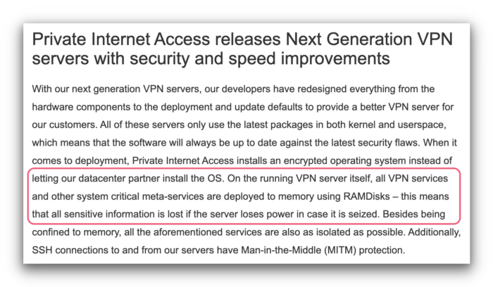 Captura de pantalla de la página web de PIA enseñando que han implementado servidores RAM
