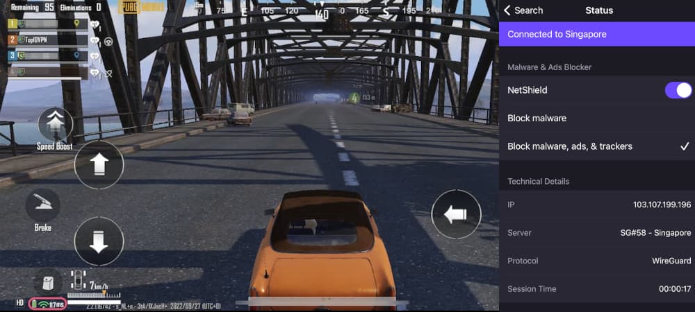 Playing PUBG Mobile while connected to a Singapore Proton VPN server