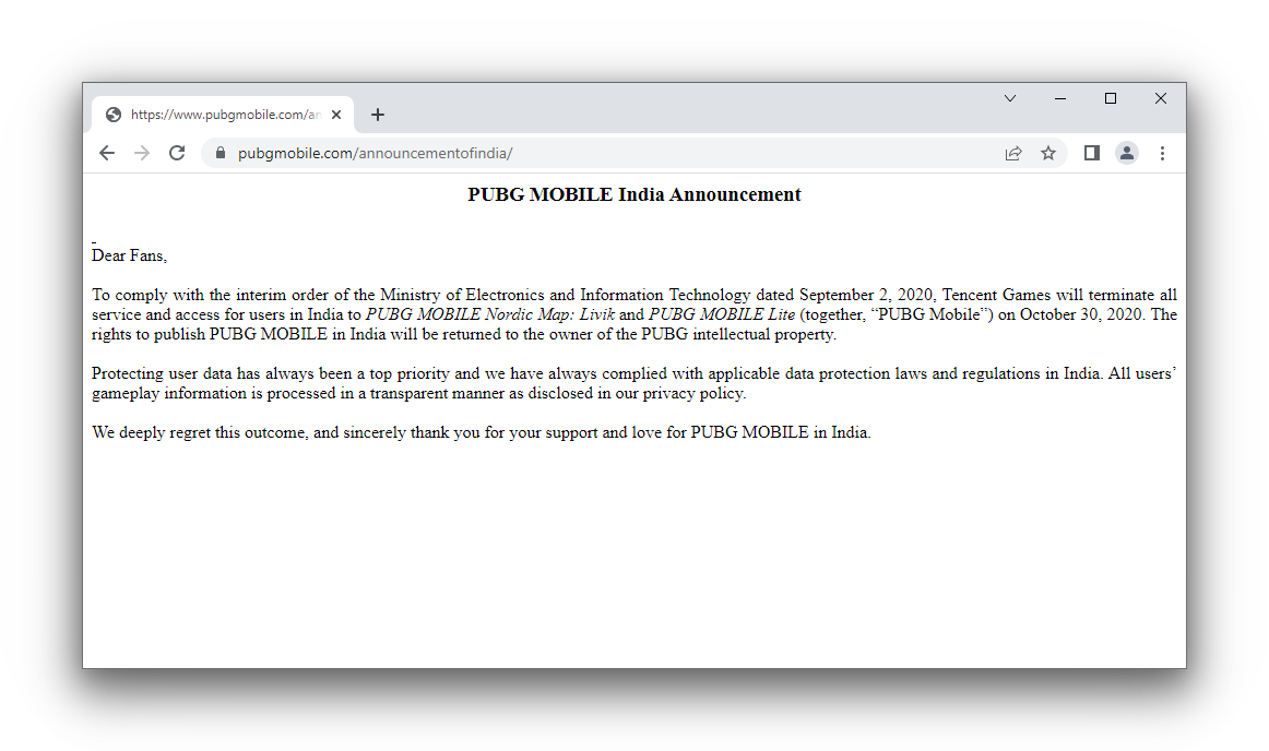 An announcement on PUBG Mobile's website in India
