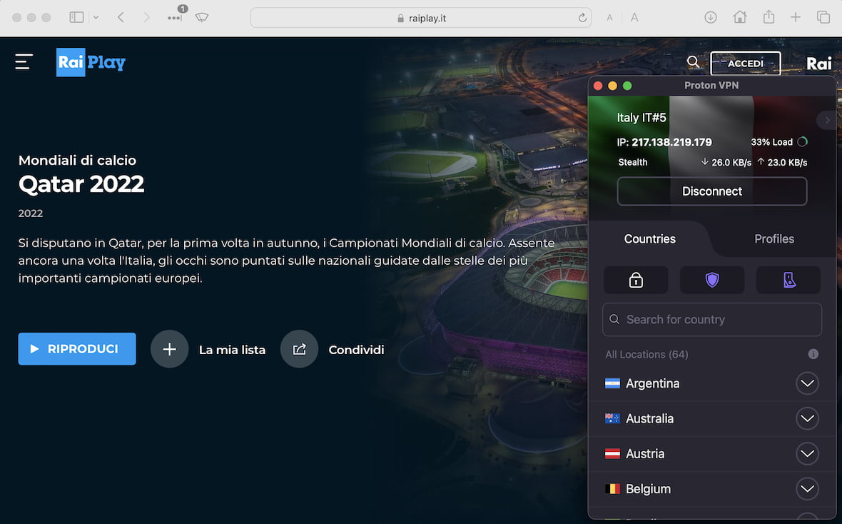 Streaming the FIFA World Cup on RaiPlay using a VPN