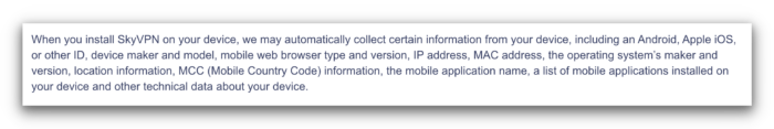 Captura de pantalla de la política de privacidad de SkyVPN que muestra que registran tus datos técnicos de tu dispositivo.
