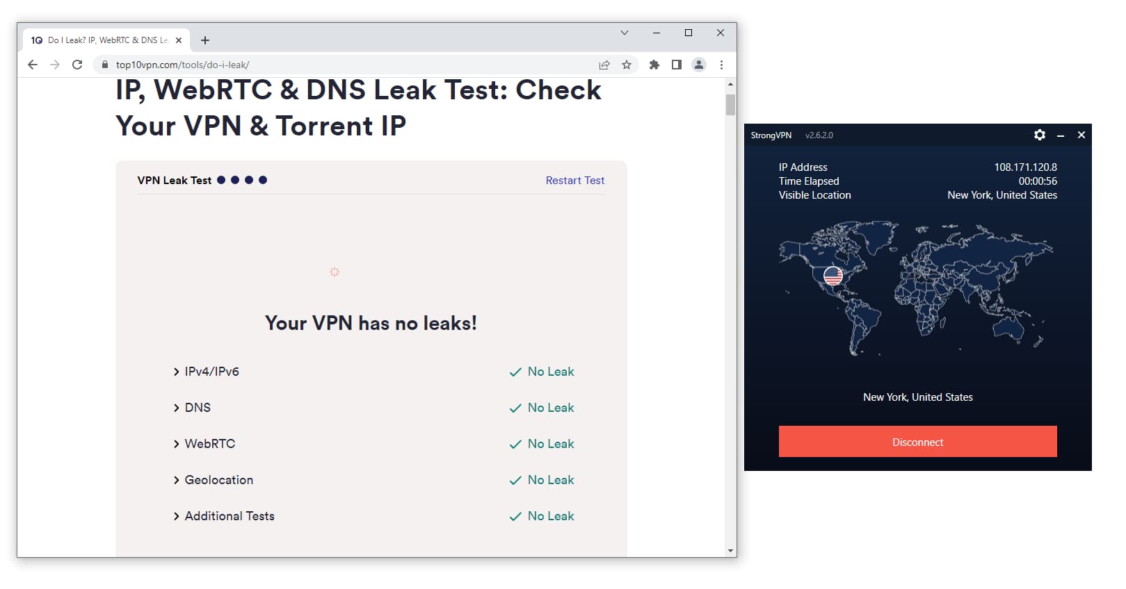 StrongVPN DNS and IP Leak test screenshot
