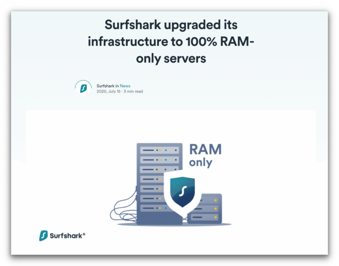 Screenshot of Surfshark's website that shows "Surfshark upgraded its infrastructure to 100% RAM-only servers."