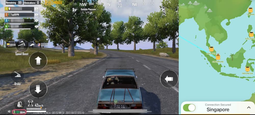 Playing PUBG Mobile while connected to a Singapore TunnelBear VPN Free server