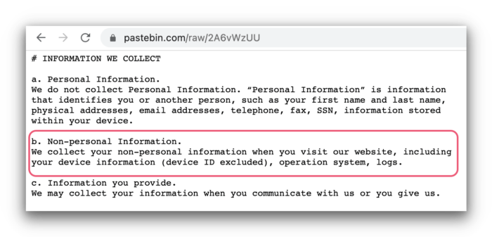 Captura de pantalla de la política de privacidad antigua de YogaVPN en Pastebin.com.
