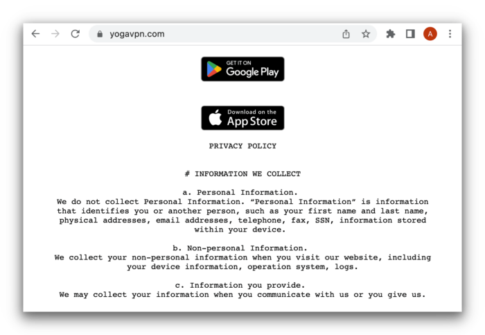Captura de pantalla de la política de privacidad de YogaVPN en su página web.