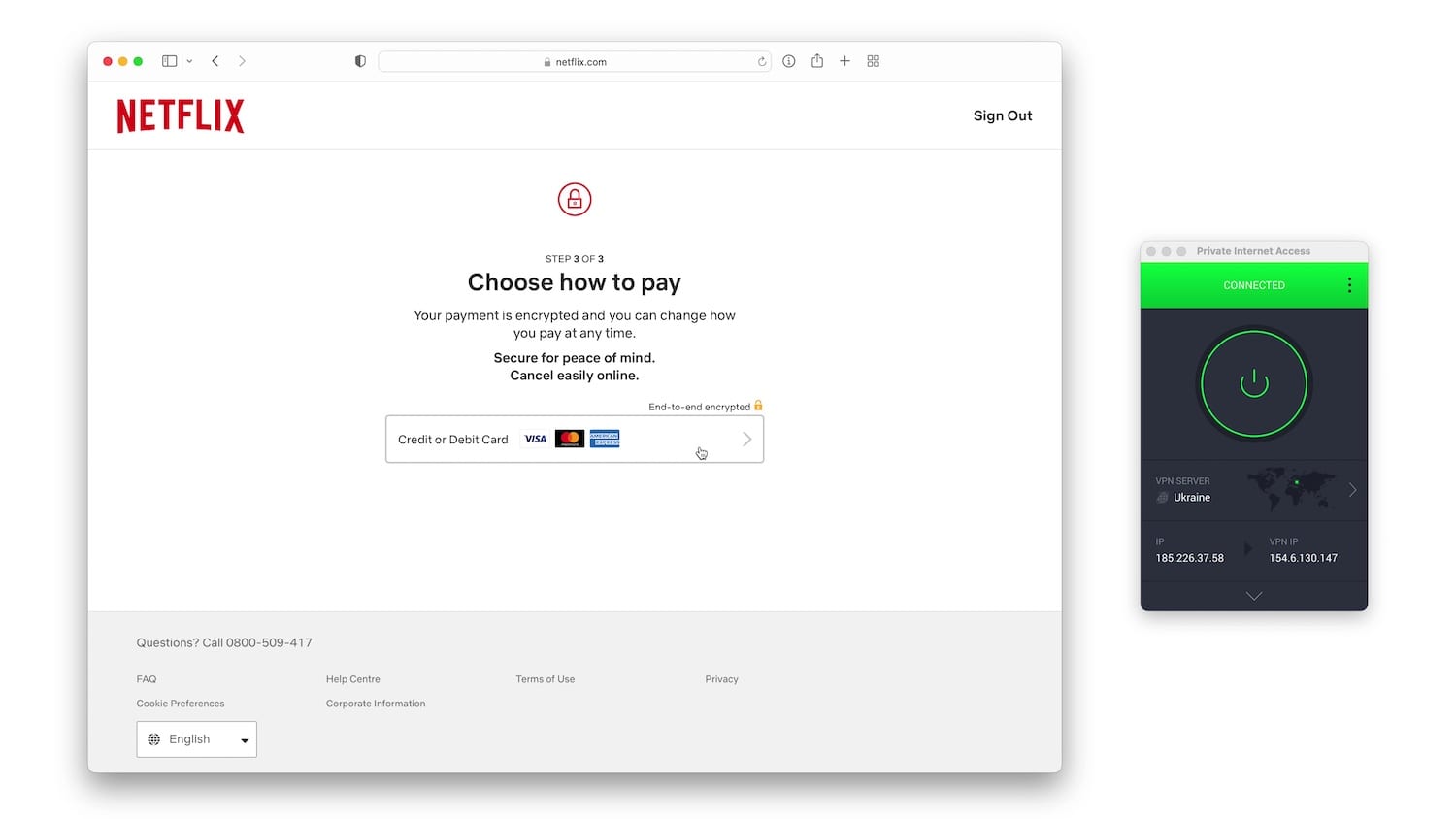Choosing a payment method for Netflix while connected to a Ukrainian VPN server