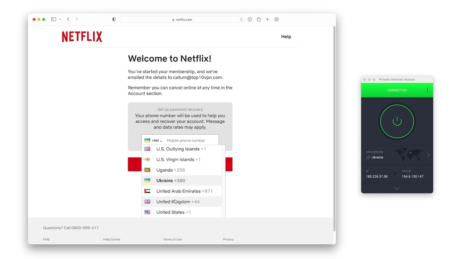 The successful Netflix signup screen, including a dropdown of dialing codes for the cell phone associated with the account