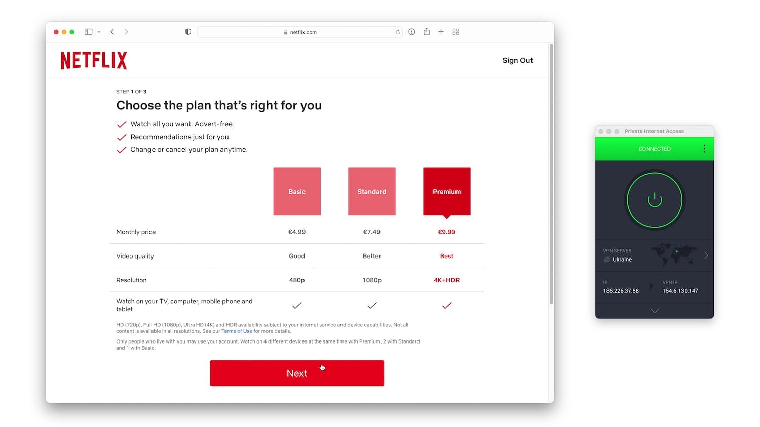 Escolhendo um plano da Netflix em euros