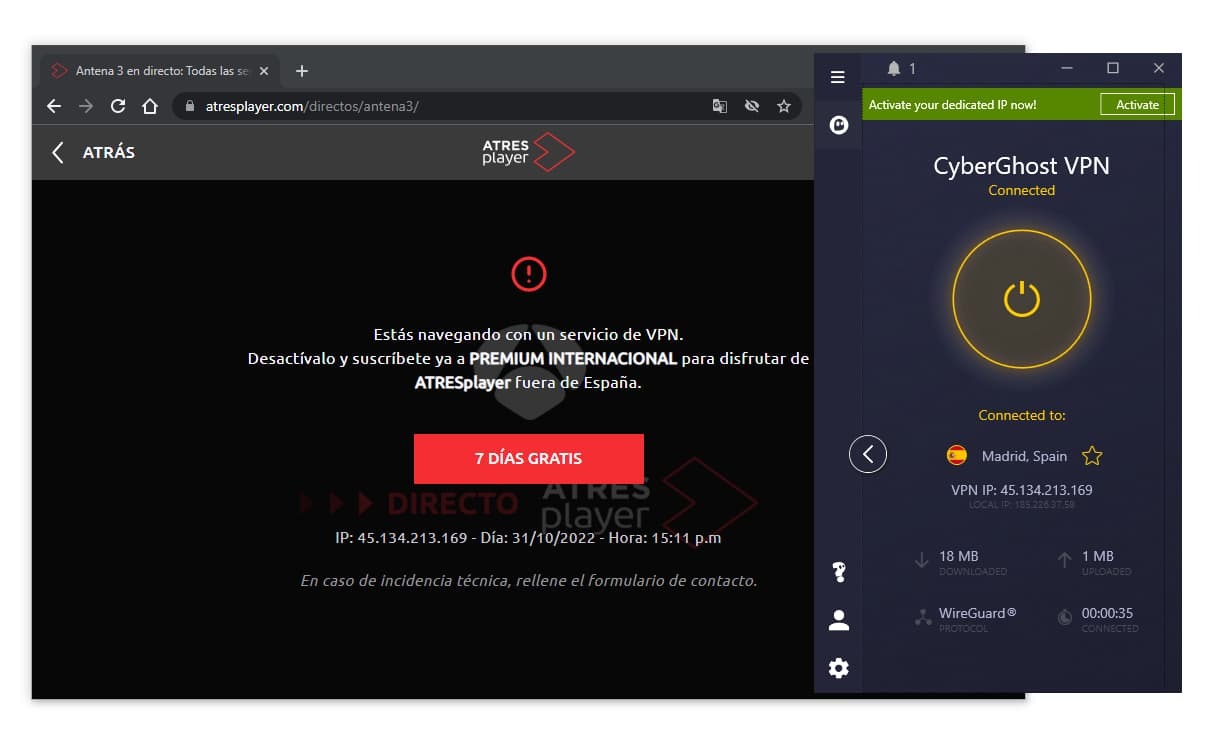 CyberGhost en nuestras pruebas para desbloquear Antena 3