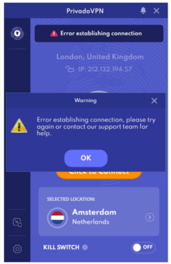 Erro ao estabelecer uma conexão com o PrivadoVPN