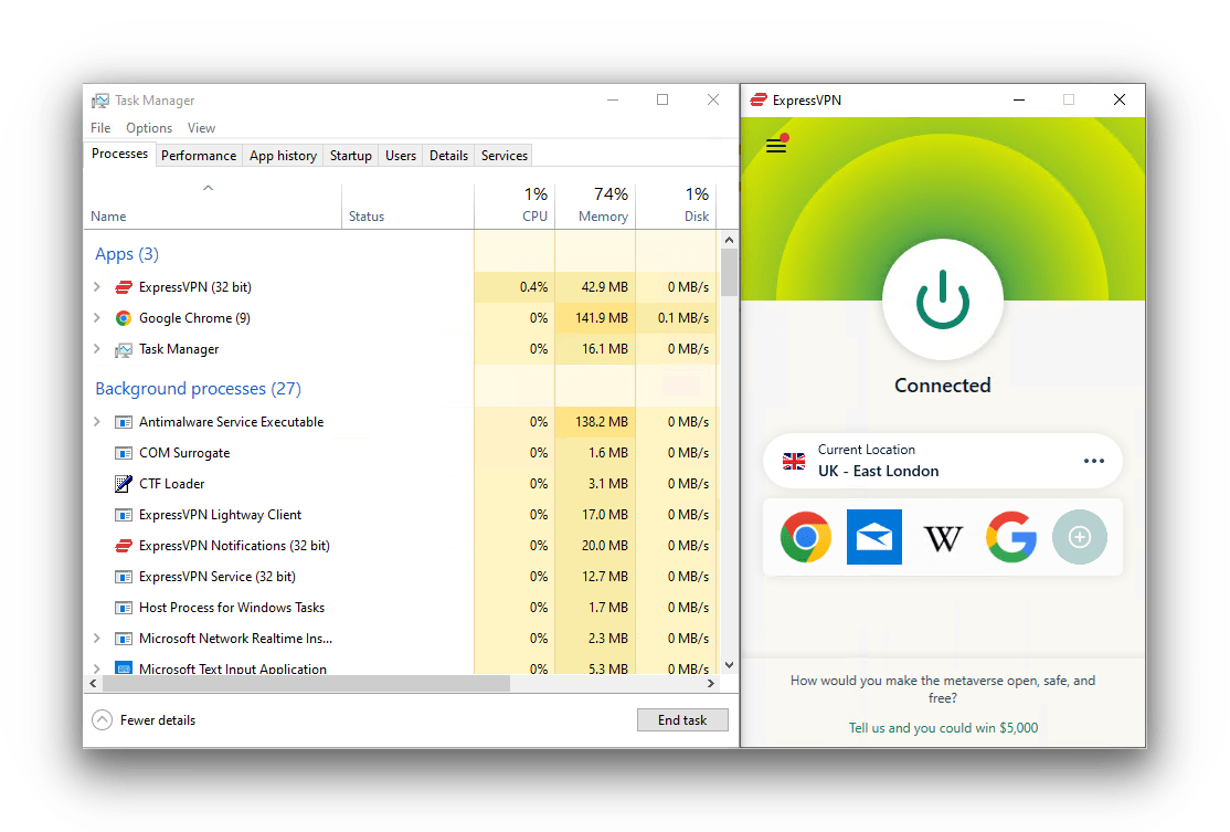 L'app di ExpressVPN per Windows accanto al task manager