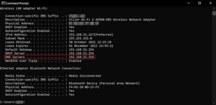 Como descobrir o seu endereço DNS usando o ipconfig/all na linha de comando