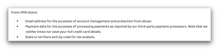 La política de privacidad de PIA enseña que tiene que registrar información mínima para mantener la VPN.