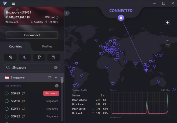 Screenshot of ProtonVPN's app on Windows, showing multiple Singapore servers.