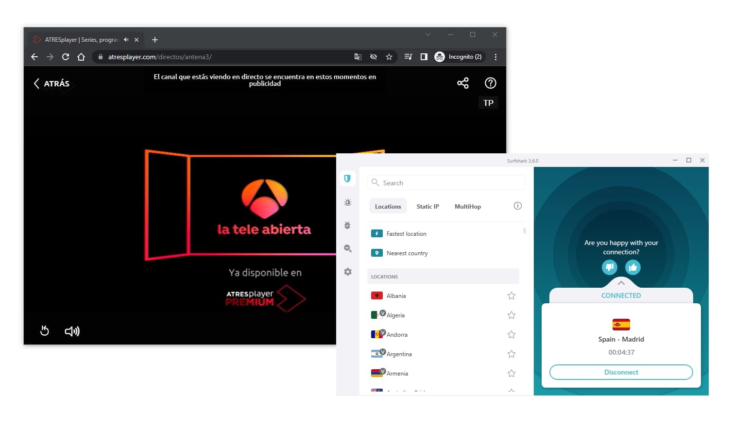 Surfshark accediendo a Antena 3 en nuestras pruebas de streaming para España