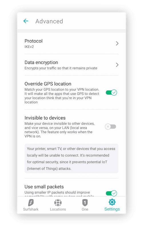 Surfshark VPN's Override GPS location feature