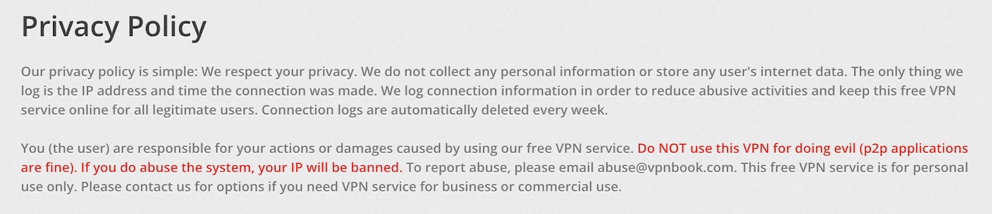 VPNBook's privacy policy captured from its website