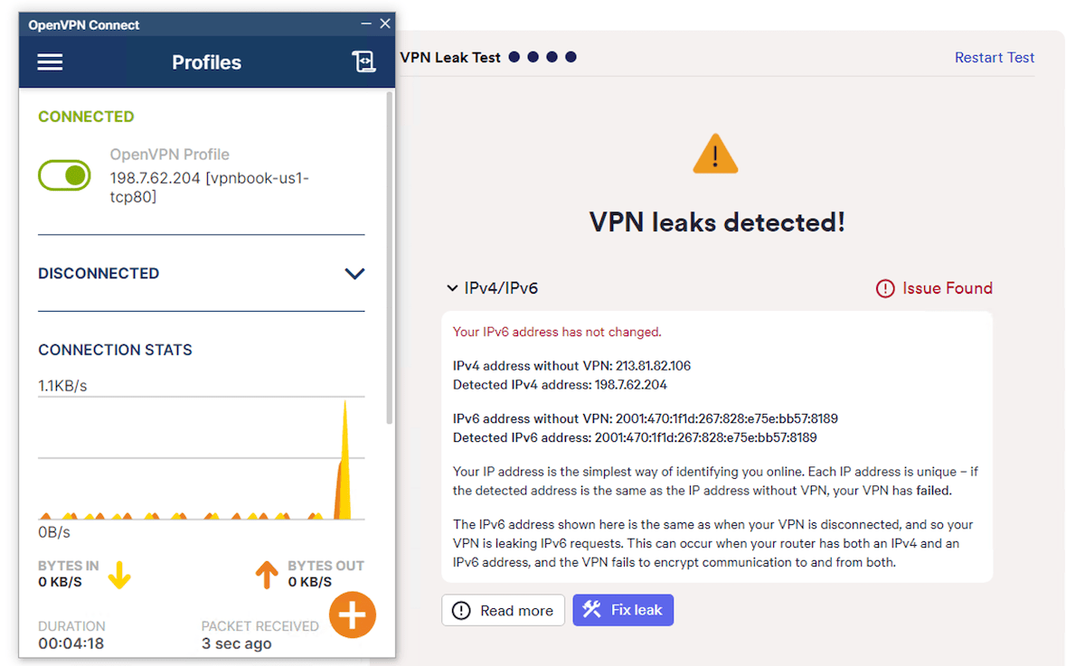 Finding connection leaks while testing VPNBook on Windows