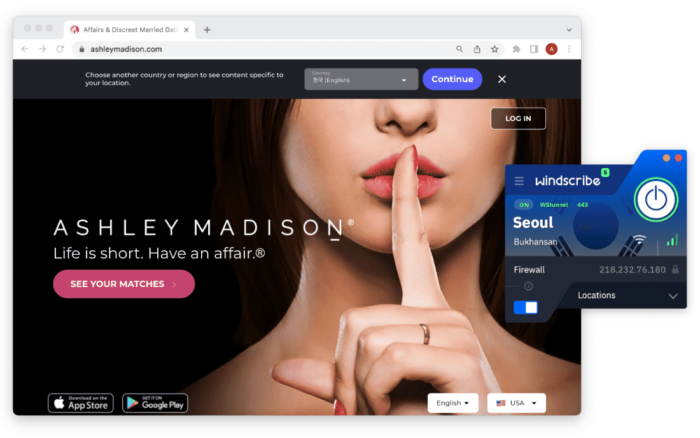 Screenshot of Windscribe unblocking Ashley Madison in Singapore.