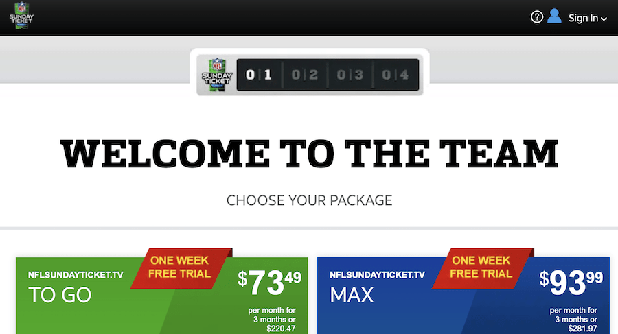 DirecTV Sunday Ticket sign-up screen