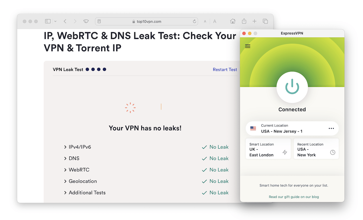 Test di ExpressVPN per leak IP, DNS, and WebRTC