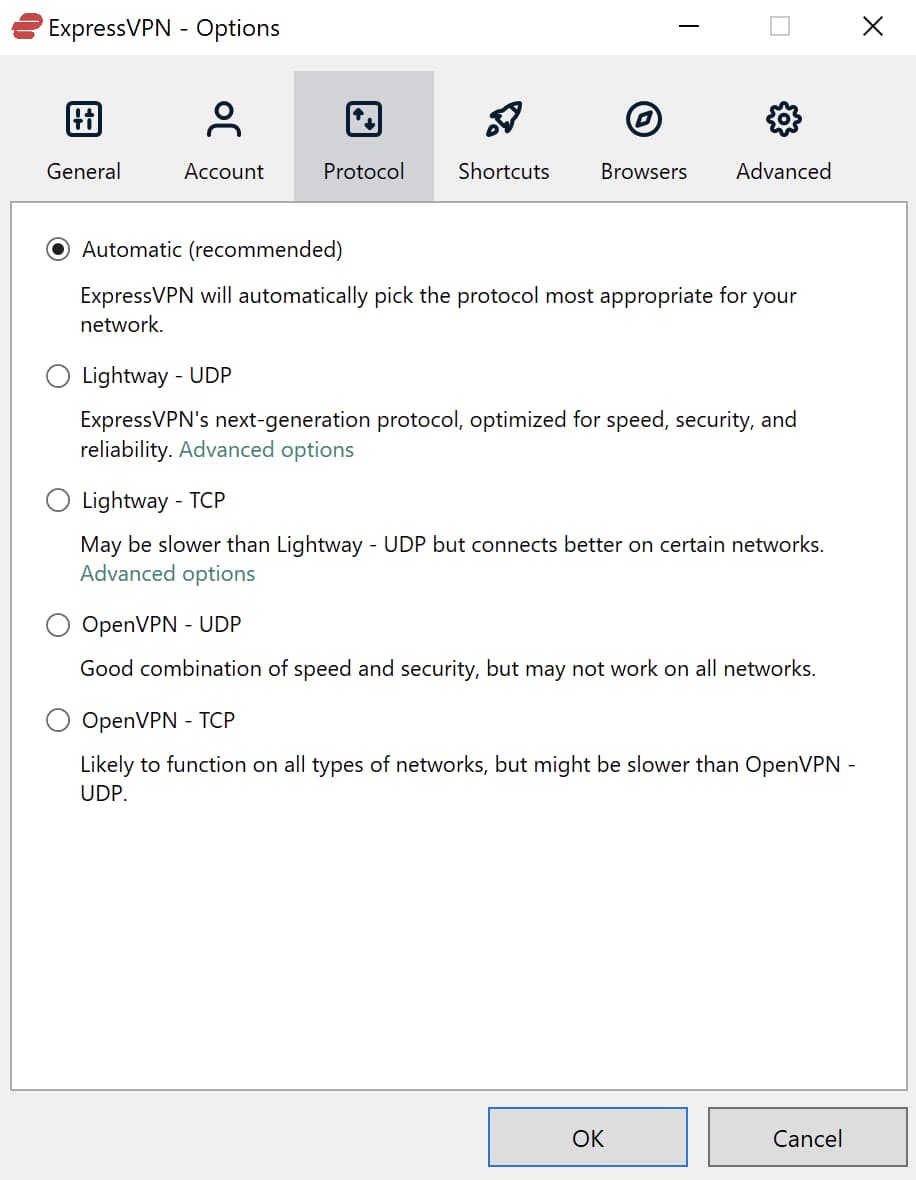 Selección de protocolos en la aplicación de ExpressVPN