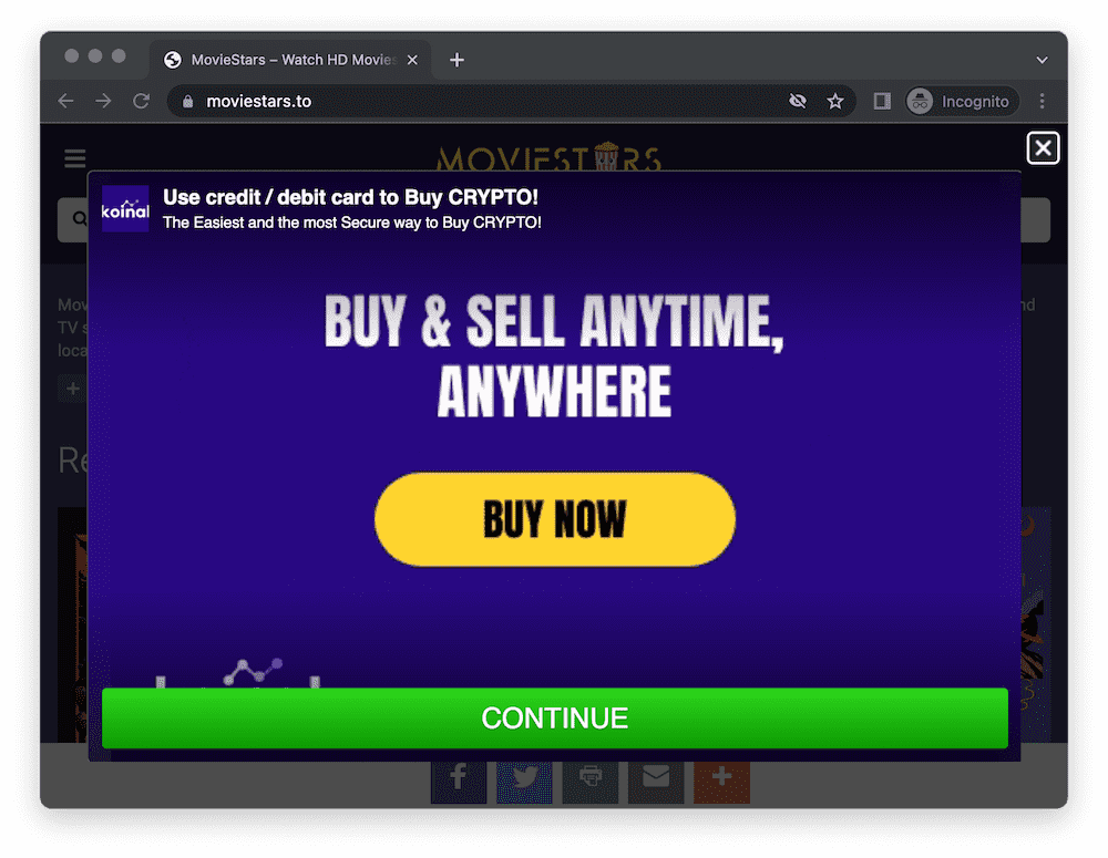 MovieStars Intrusive Pop Up Ad