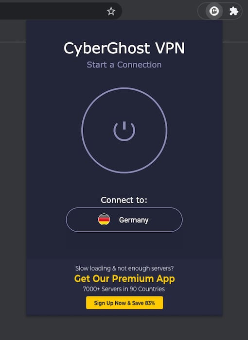 Ekran główny rozszerzenia CyberGhost dla przeglądarki Chrome