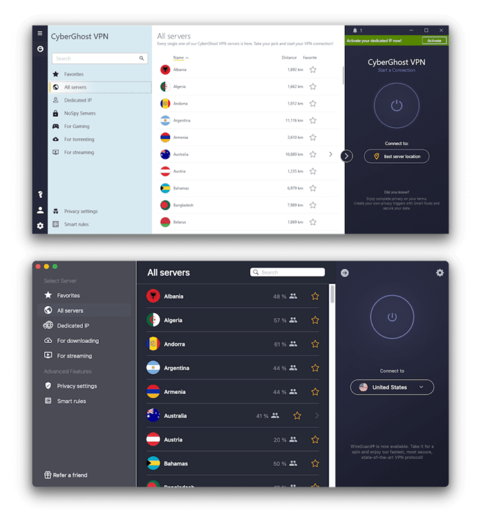 La aplicación de CyberGhost para Windows y macOS lado a lado