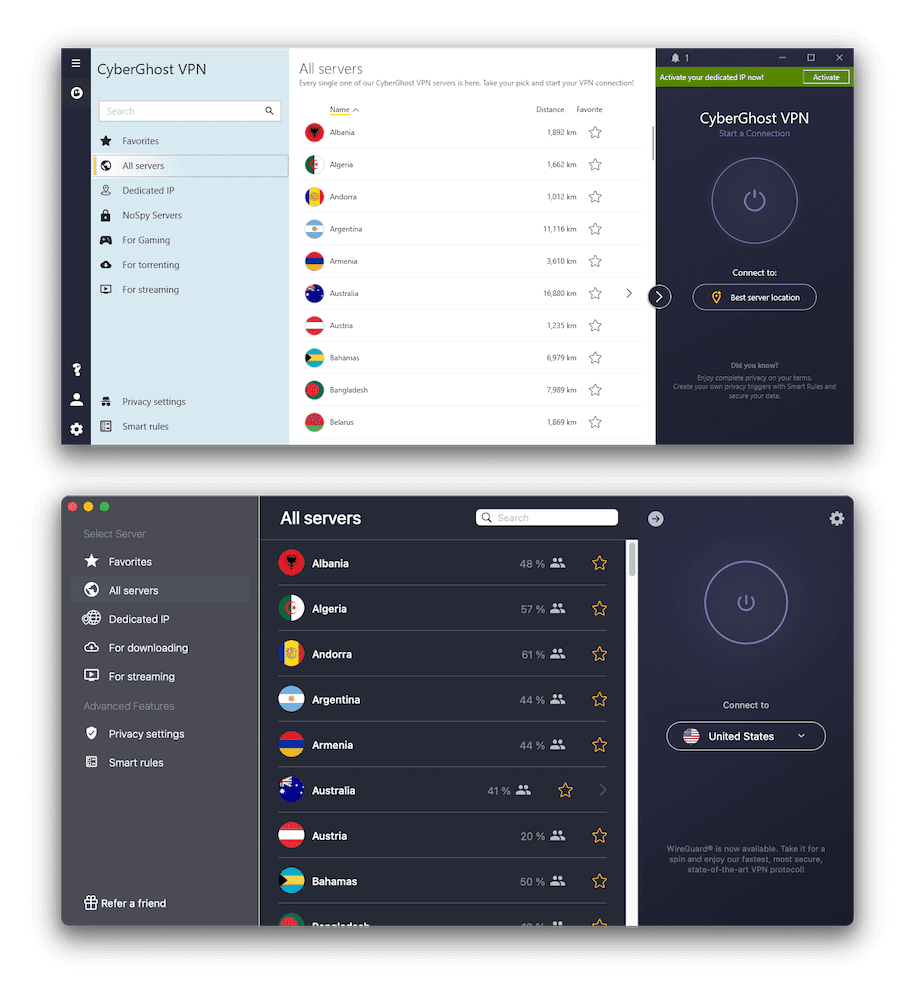 CyberGhost na Windows i macOS wygląda niemal identycznie.
