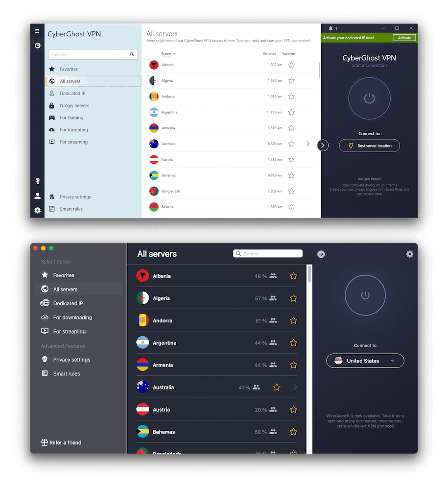 CyberGhost's Windows and macOS apps side by side