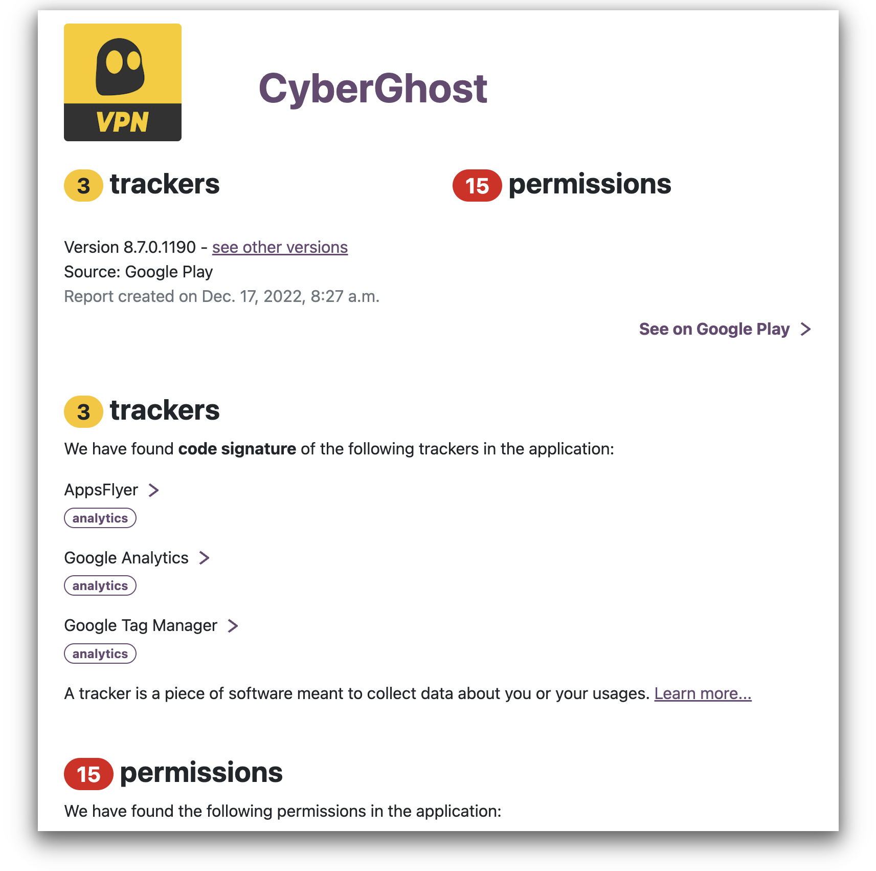 CyberGhost's results in the exodus app tracker tool