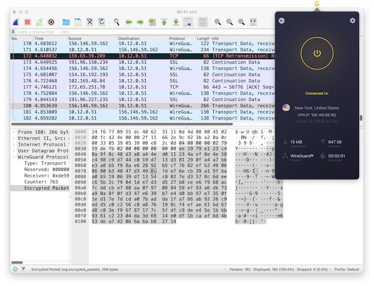 The Wireshark packet sniffing tool examining CyberGhost encrypted traffic