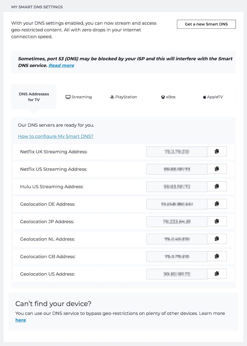 Section de configuration du DNS intelligent de CyberGhost