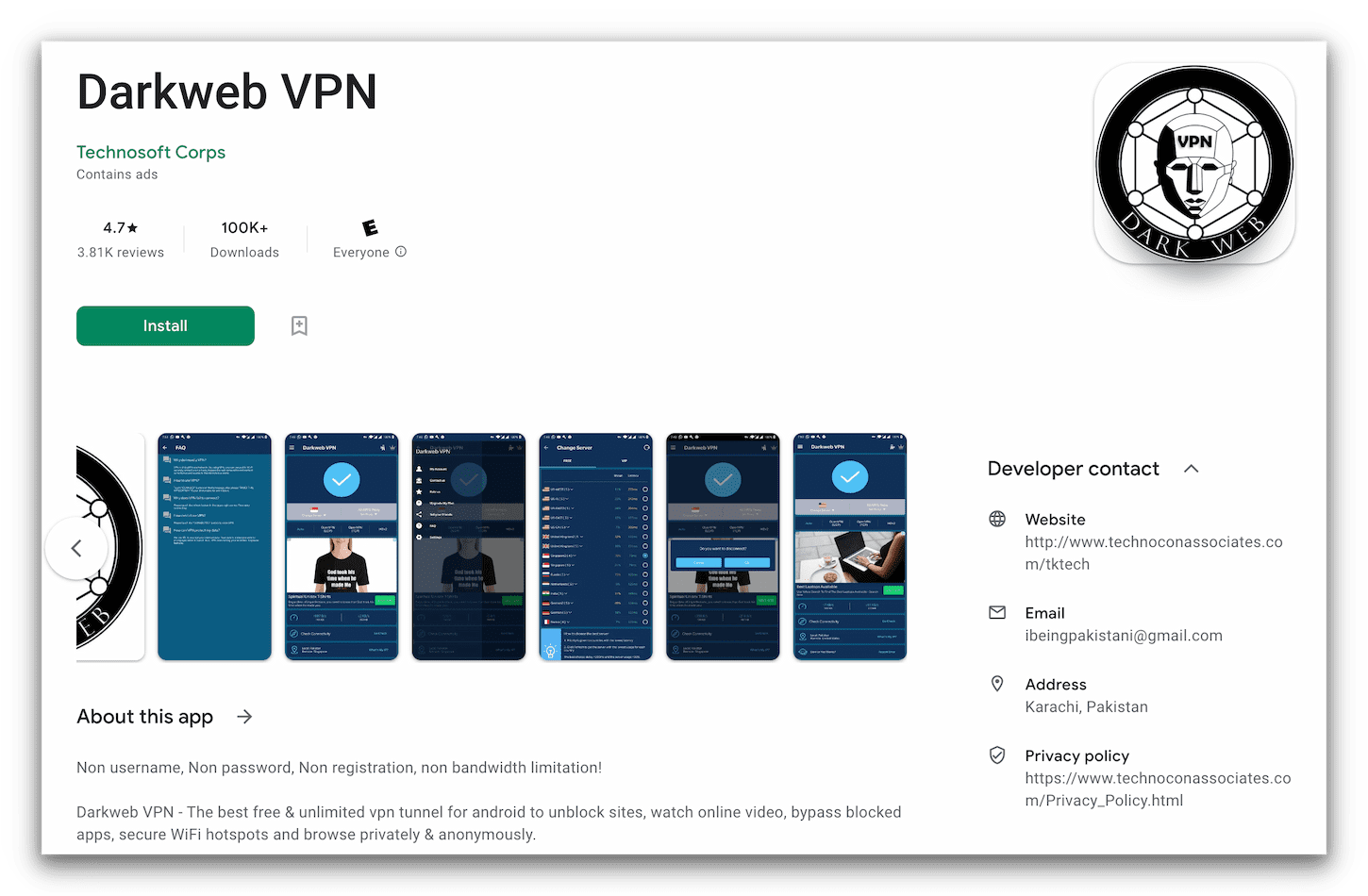 Capture d'écran de Darkweb VPN sur le Google Play Store. 