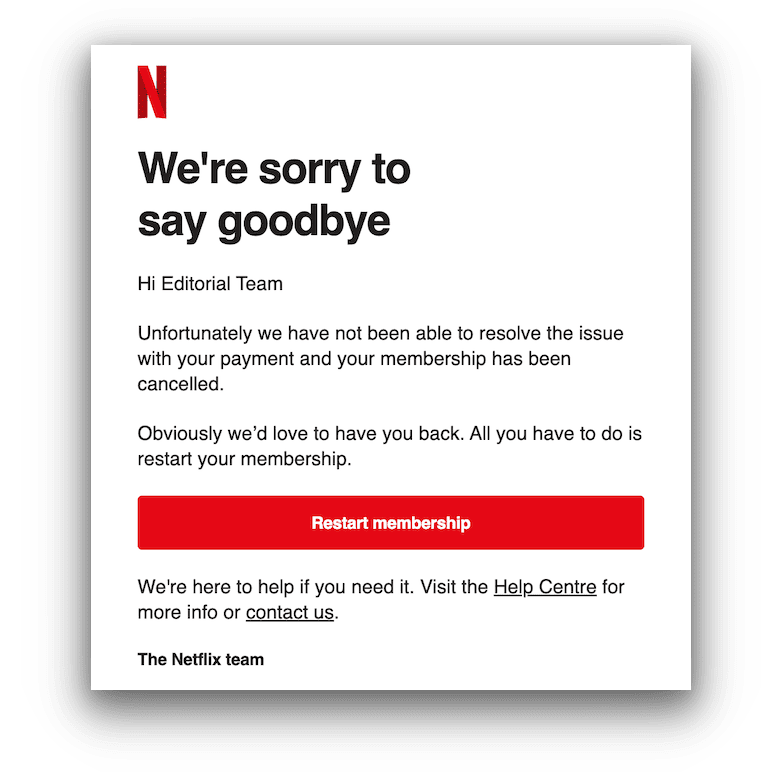 Un e-mail de Netflix expliquant pourquoi un compte a été annulé en raison de problèmes de paiement non résolus.