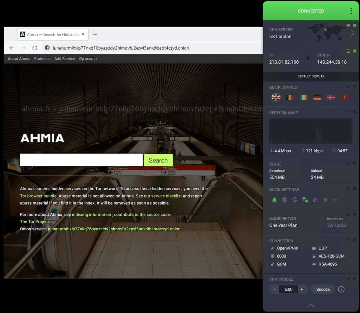 We used PIA and the Tor browser to access Ahmia.onion.