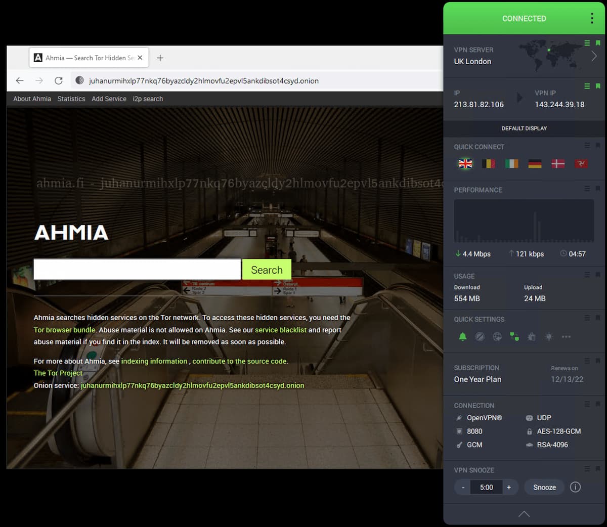 हमने Ahmia.onion तक पहुंचने के लिए PIA और Tor Browser का उपयोग किया।