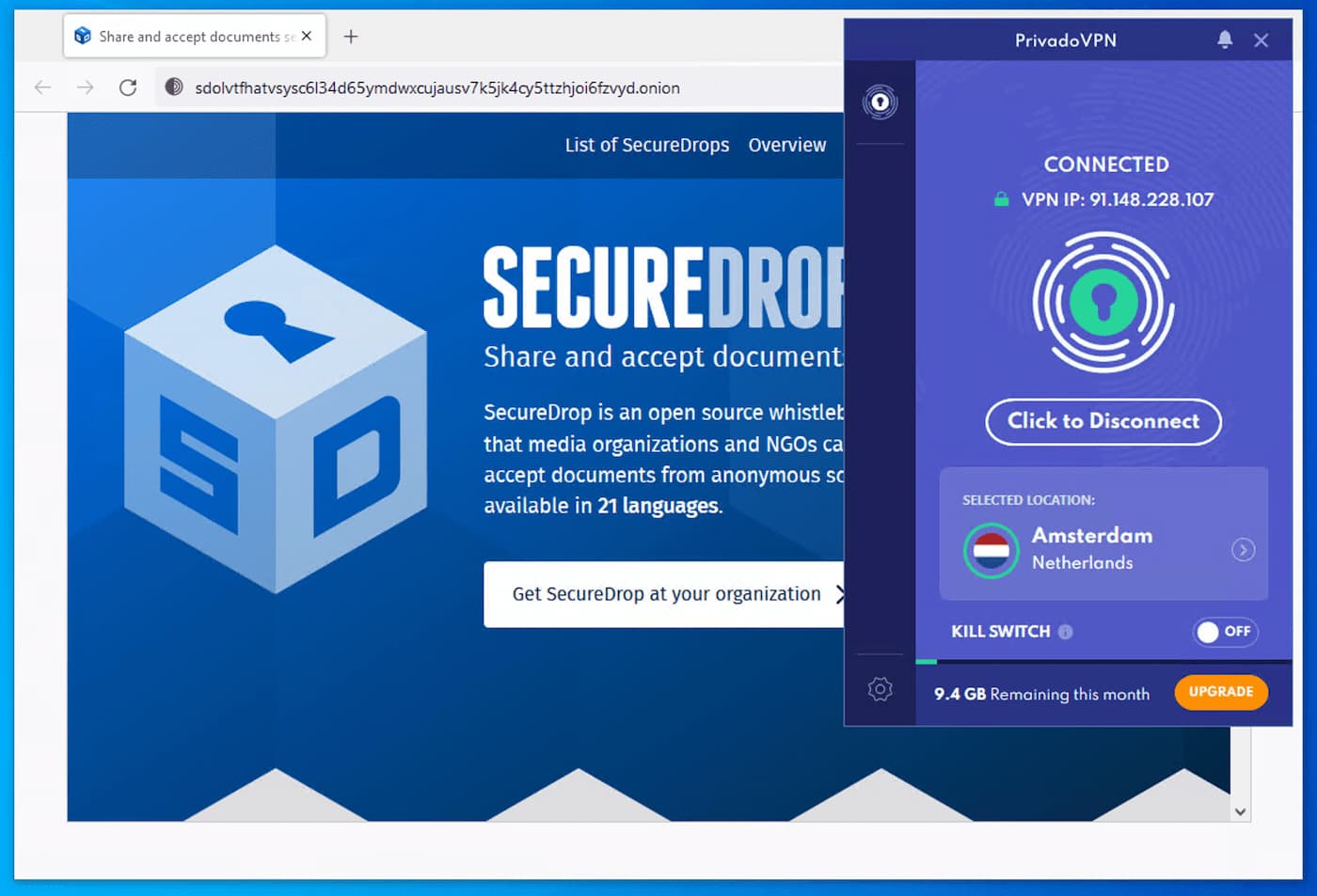 We tested PrivadoVPN free with SecureDrop’s onion site. 