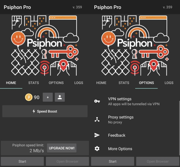 Screenshots from the Psiphon Pro app.