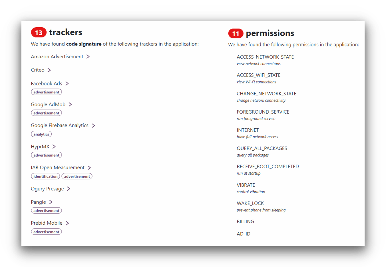 Screenshot showing Psiphon pro has 13 trackers and 11 permissions in the app.