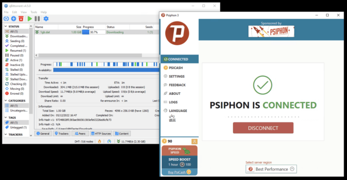 Screenshot of qBittorrent downloading a file while connected to Psiphon proxy.