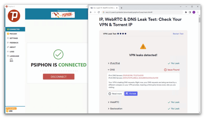IP, WebRTCm and DNS leak test shows DNS leaks when connected to Psiphon VPN.